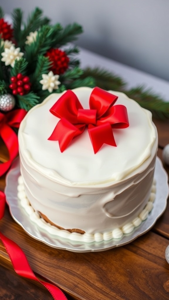 A festive Christmas cake with white icing and a red ribbon bow, surrounded by holiday decorations.